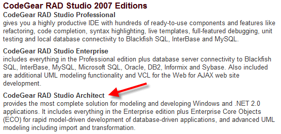 RAD Sudio 2007 Editions - Including Architect